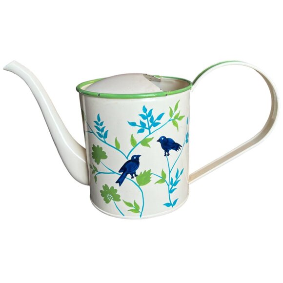 Vtg Enameled Steel Watering Can Bluebird Garden Handpainted Double-Sided India - Picture 1 of 16